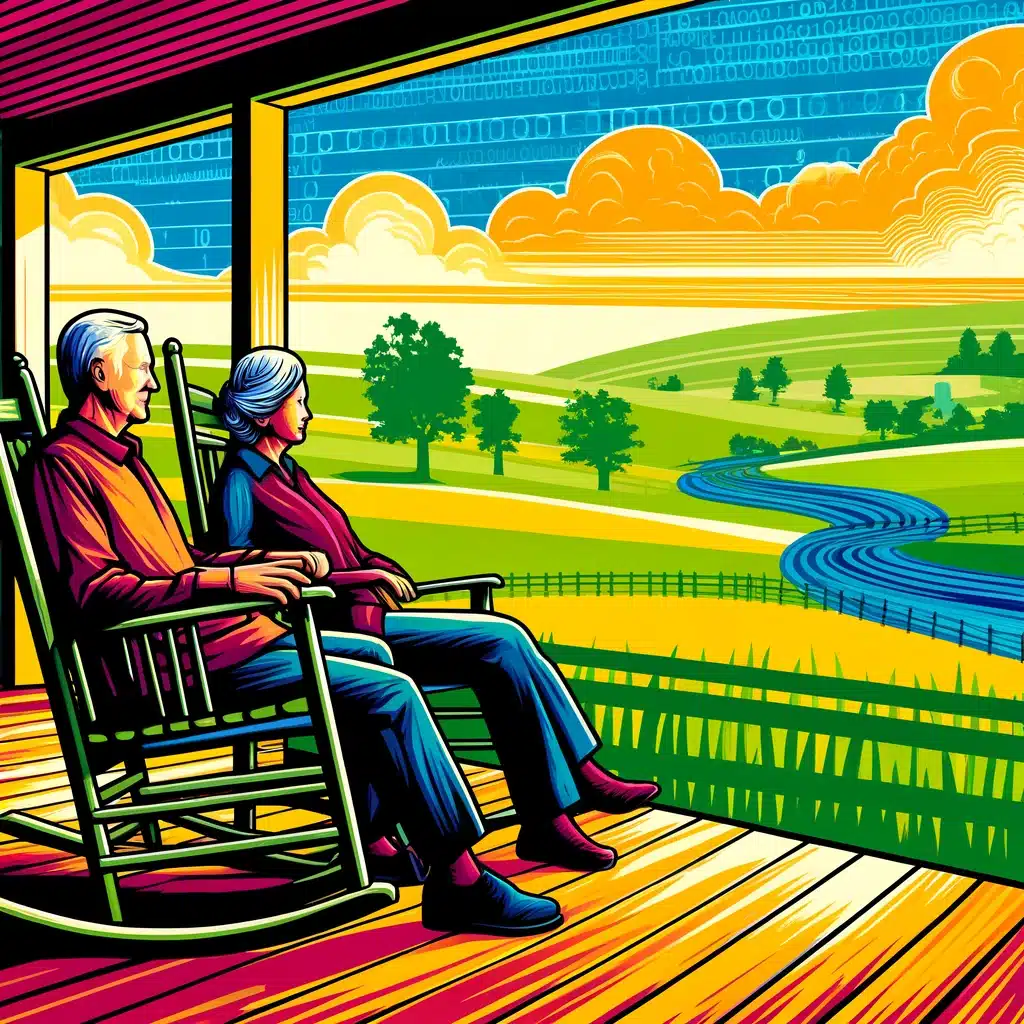 comic/digital image of retired couple on porch, cybersecurity for seniors is a paramount concern