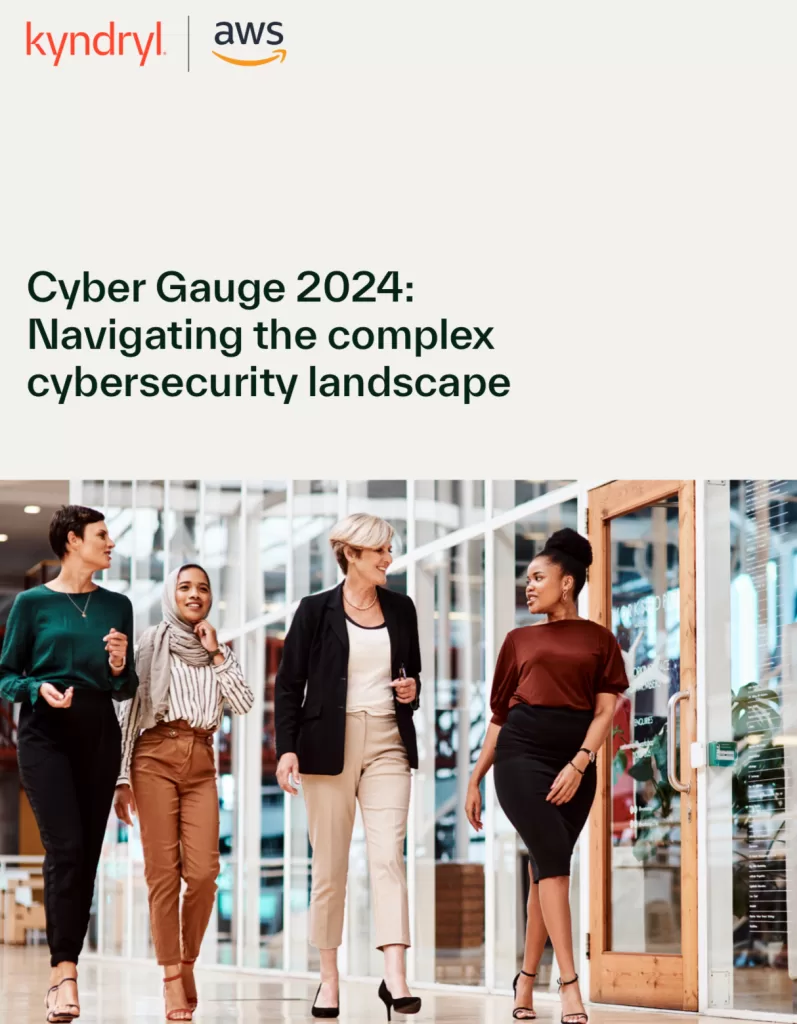 Image of the cover of the Kyndryl and AWS report titled "Cyber Gauge 2924: Navigating the complex scybersecurity landscape" 