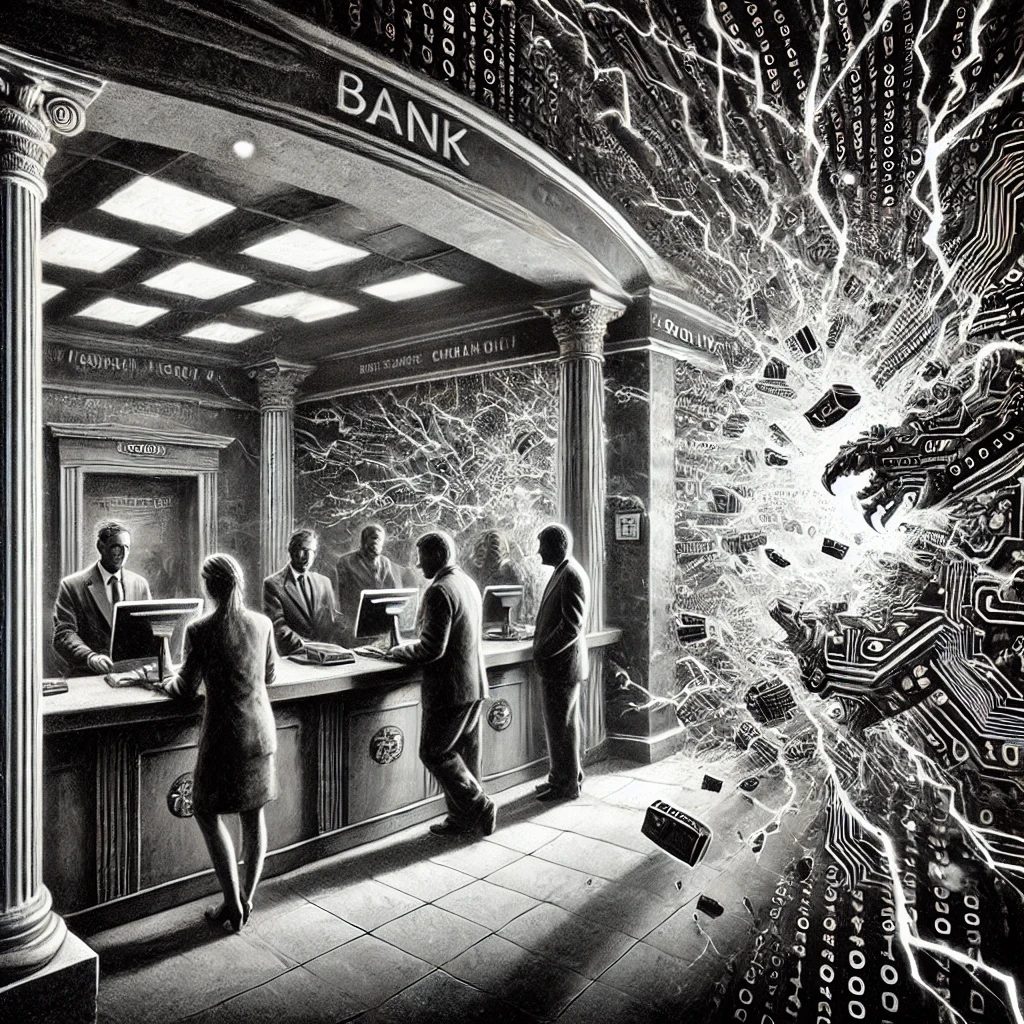  A dark, black-and-white pencil drawing depicts a small bank interior with a sense of eerie tension. Bank tellers stand behind counters, while customers in the lobby show signs of fear, looking on in alarm. A swirling digital storm of binary code and jagged, lightning-like patterns fills the air, blending into the physical space of the bank. Sharp circuitry lines and fragmented digital shapes, resembling shattered glass, seem to consume the scene, casting deep shadows and creating a haunting, dystopian atmosphere. The ominous storm appears to creep into every corner, transforming the once-ordinary bank into a surreal, threatening environment.