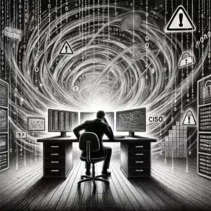 Pencil sketch in black and white of a CISO sitting at a desk contemplating third-party risk and supply chain risk they can't be sure of or see.