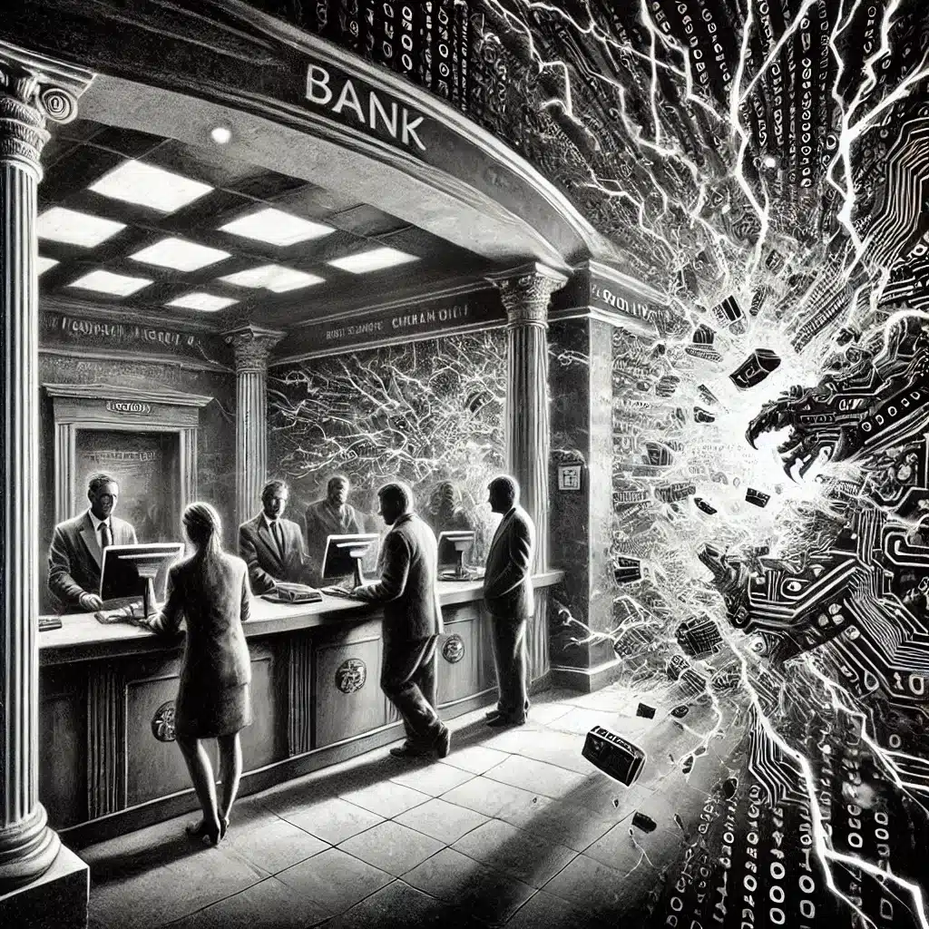 A dark, black-and-white pencil drawing depicts a small bank interior with a sense of eerie tension. Bank tellers stand behind counters, while customers in the lobby show signs of fear, looking on in alarm. A swirling digital storm of binary code and jagged, lightning-like patterns fills the air, blending into the physical space of the bank. Sharp circuitry lines and fragmented digital shapes, resembling shattered glass, seem to consume the scene, casting deep shadows and creating a haunting, dystopian atmosphere. The ominous storm appears to creep into every corner, transforming the once-ordinary bank into a surreal, threatening environment.