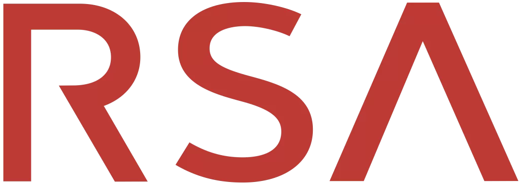 The RSA logo consists of two red bars placed diagonally across a black, diamond-shaped background. The bars intersect with each other in the middle of the diamond, and the space inside of each bar remains black. The bars also are thick and have rounded edges.