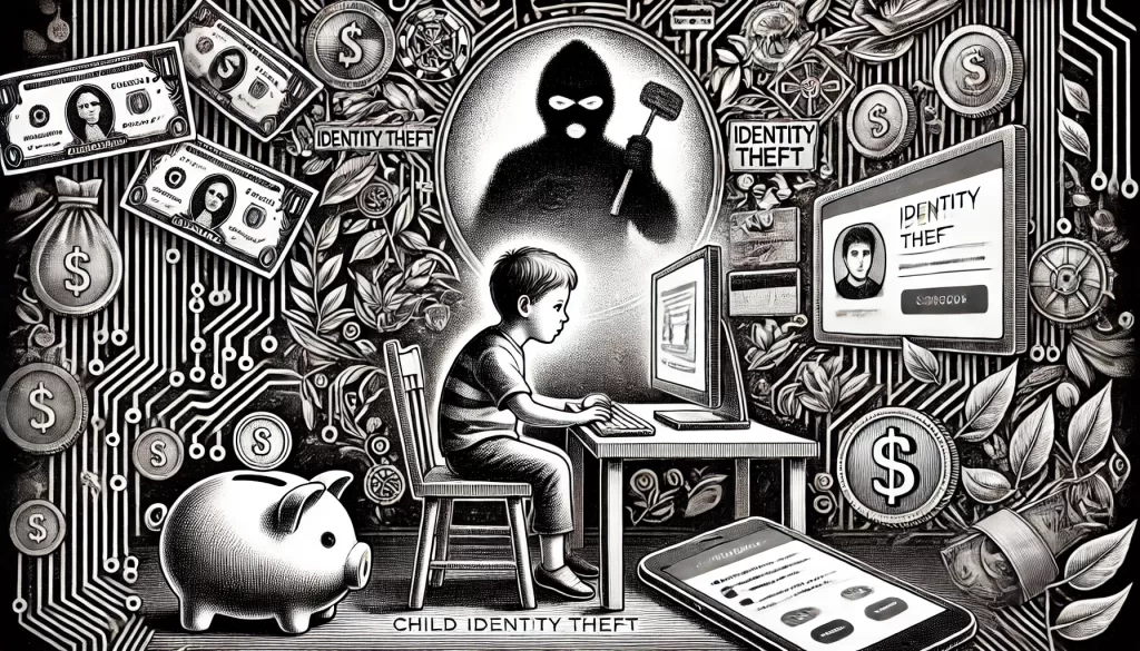 A detailed black and white pencil sketch-style illustration depicting the concept of child identity theft in affluent households. 