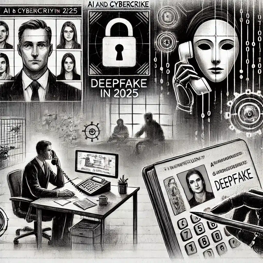 A monochrome illustration depicting the theme of AI and cybercrime in 2025, focusing on deepfake technology. The image includes elements such as a masked figure on a phone representing anonymity, a locked padlock symbolizing cybersecurity, and individuals displayed on screens suggesting surveillance or identity manipulation. A professional sits at a desk on a call, surrounded by technology, while a deepfake ID is being examined. In the background, shadowy figures in a dimly lit room hint at clandestine operations, adding to the atmosphere of digital deception and cyber threats.