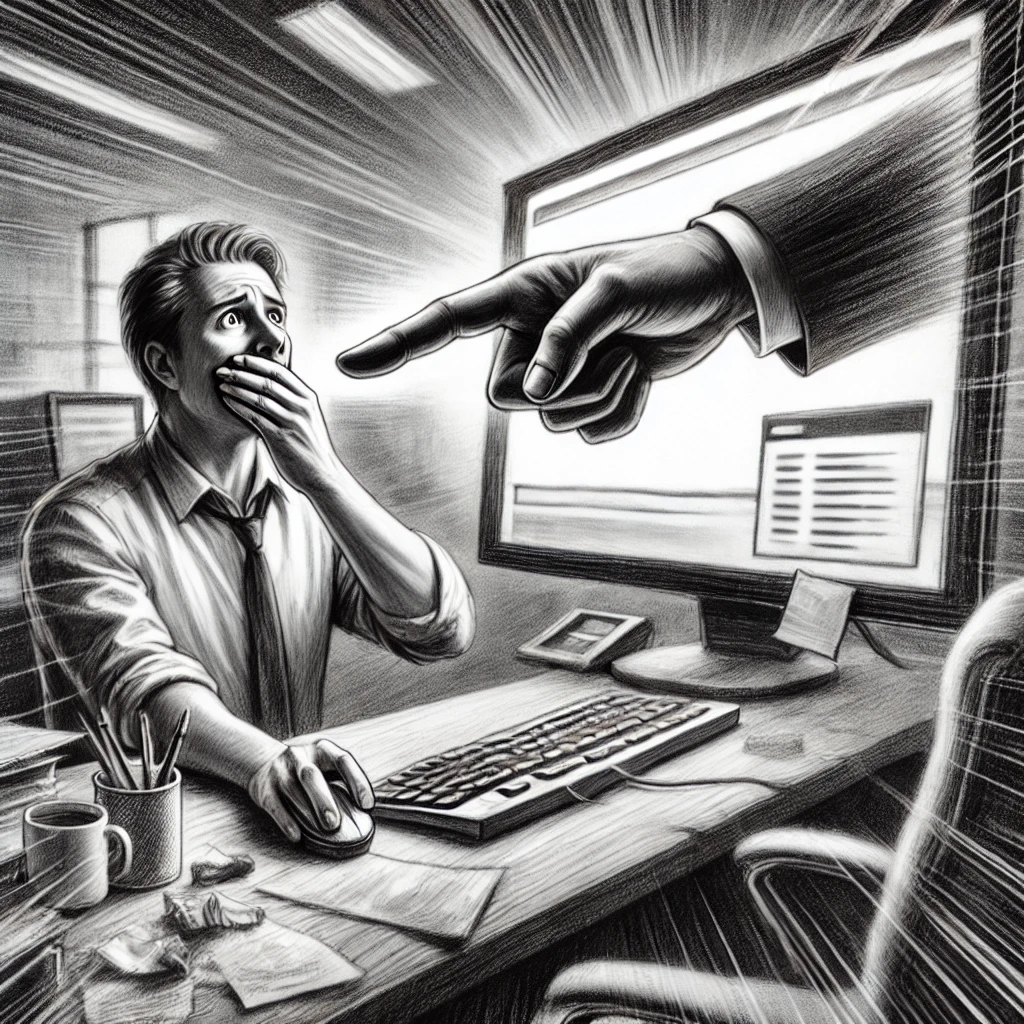 A grayscale illustration of a distressed office worker sitting at a desk, covering his mouth in shock as a giant hand points accusingly at him through his computer screen. The image conveys a dramatic and overwhelming sense of surveillance or reprimand in a workplace setting.