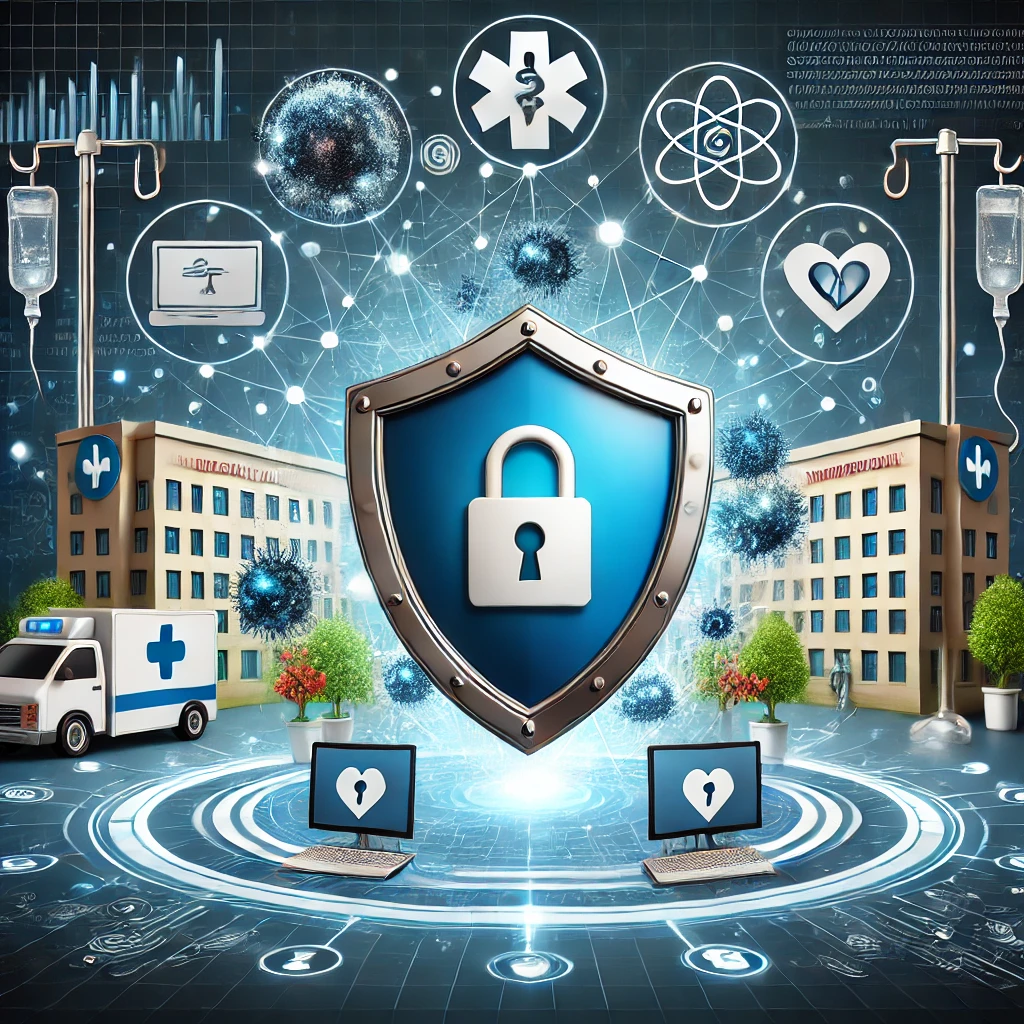 Illustration of a shield symbolizing cybersecurity, surrounded by interconnected digital elements like locks, data streams, and healthcare symbols. The background features a hospital and medical technology, emphasizing the protection of patient data in healthcare networks.