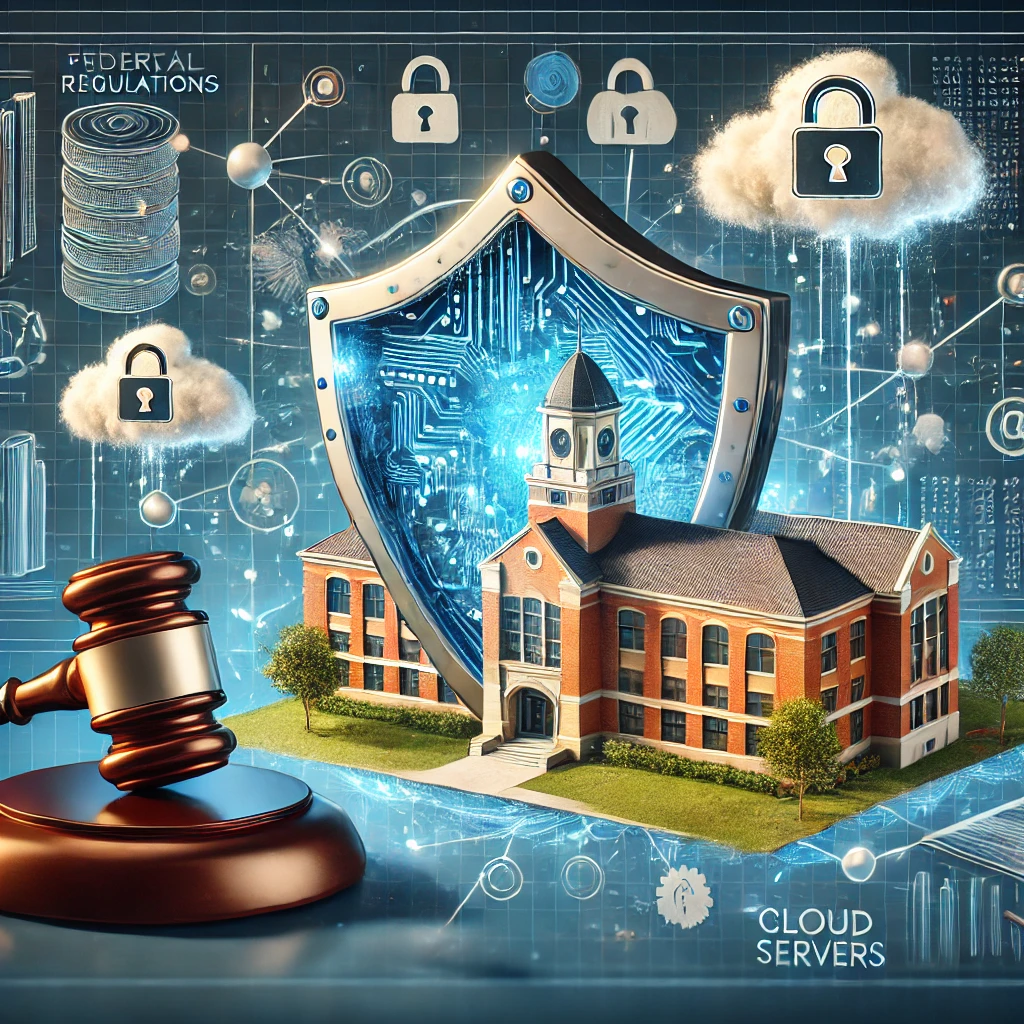 An artistic illustration depicting a cybersecurity breach in the education sector. The foreground features a shattered digital shield with fragments exposing sensitive data such as student records and school information. In the background, a school building is shown connected to cloud servers via digital lines, symbolizing the vulnerability of K-12 schools to cyber threats and need to consider advice from a cyber insurance broker. A legal gavel and a stack of documents are placed prominently, representing federal regulations and impending lawsuits. The overall composition conveys a sense of urgency and highlights the risks of third-party software failures in an educational context.