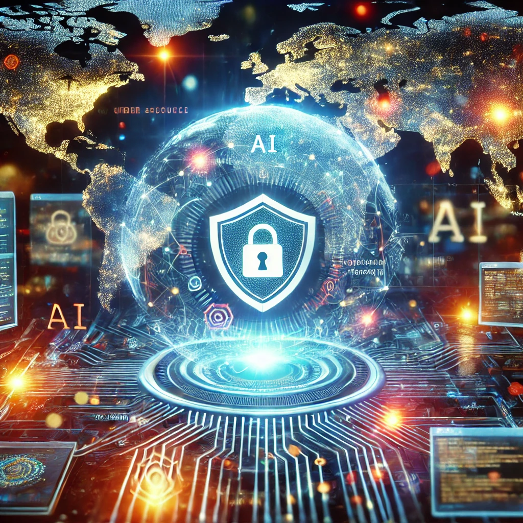 Futuristic digital illustration of a computer network under attack, with AI-generated code streams, a glowing shield icon for cybersecurity defense, and a world map displaying global cyber threat activity.