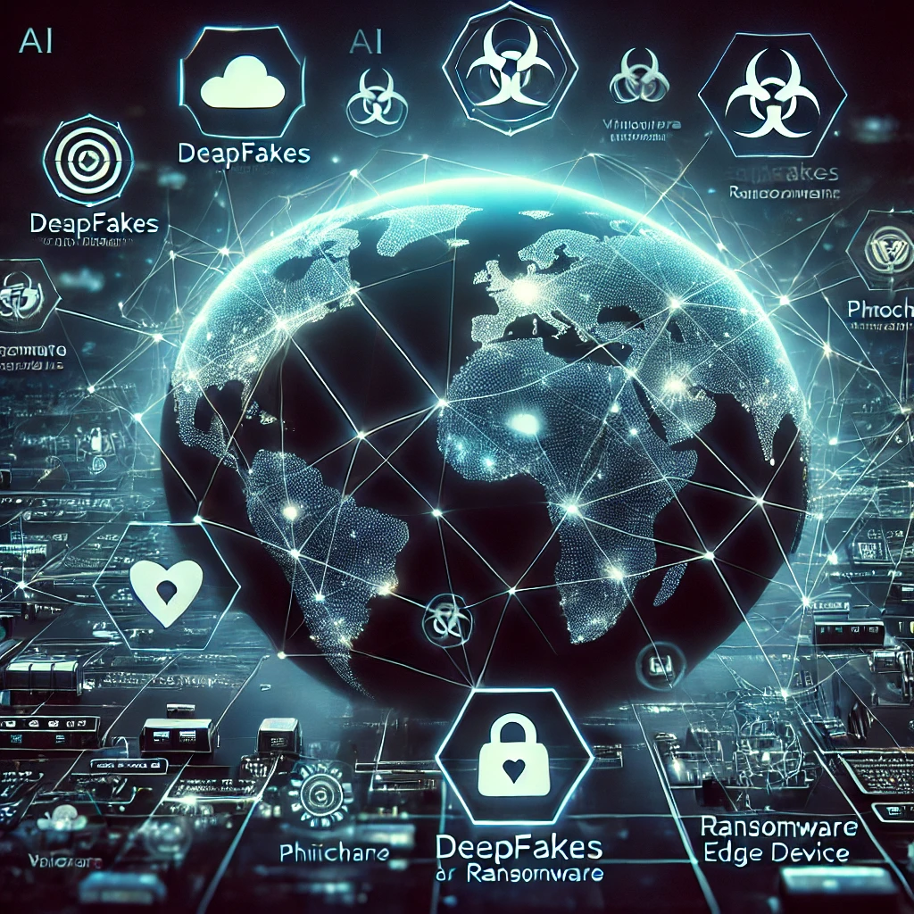 Futuristic global cyberattack visualization featuring interconnected nodes across continents, highlighting AI-driven threats like deepfakes, ransomware, and phishing. The image emphasizes vulnerabilities in hybrid networks, routers, and edge devices, representing the complexity of modern cybersecurity challenges.