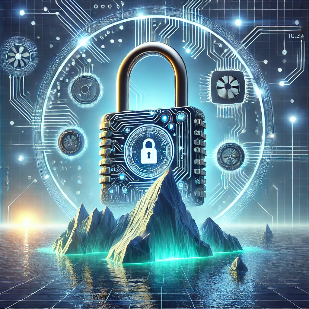 A visually striking representation of cybersecurity and insurance featuring a digital padlock surrounded by glowing circuits against a dark blue, matrix-style background. A prominent iceberg, partially submerged in calm water, symbolizes hidden risks and unseen threats in the digital realm. The image conveys themes of safety, protection, and the importance of addressing both visible and underlying cybersecurity challenges.