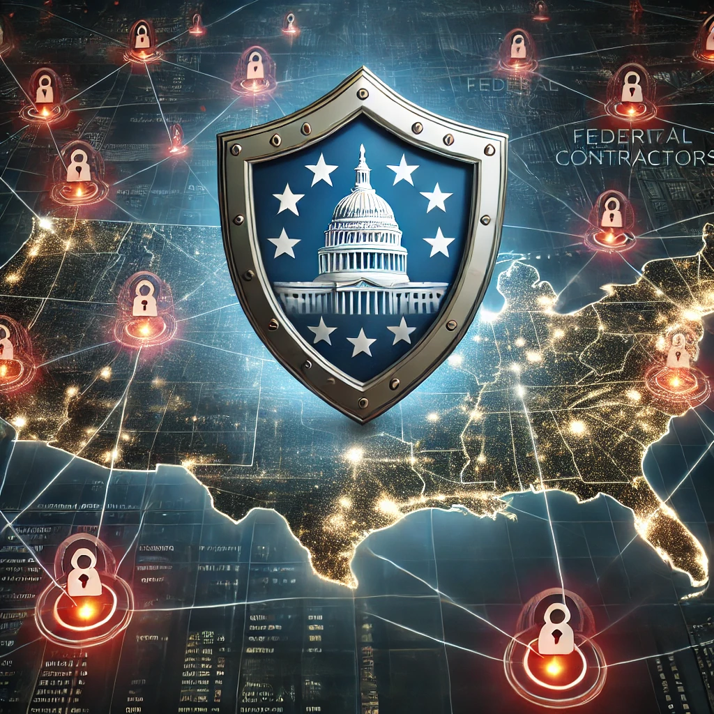 Illustration of federal contractor cybersecurity, featuring a digital shield overlaying a U.S. map with highlighted nodes, red alerts symbolizing third-party cyber threats, and a subtle backdrop of the U.S. Capitol building with a modern data network aesthetic.