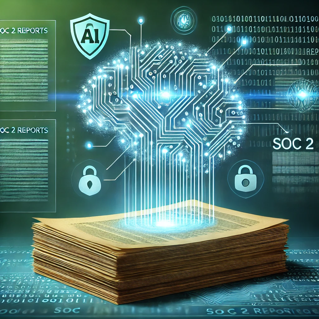 Futuristic illustration of an AI cybersecurity tool featuring a glowing AI brain made of interconnected circuits and data streams, hovering above a stack of SOC 2 documents. The background includes a gradient of blue and green tones with subtle shield icons and binary code, symbolizing digital security and trust.