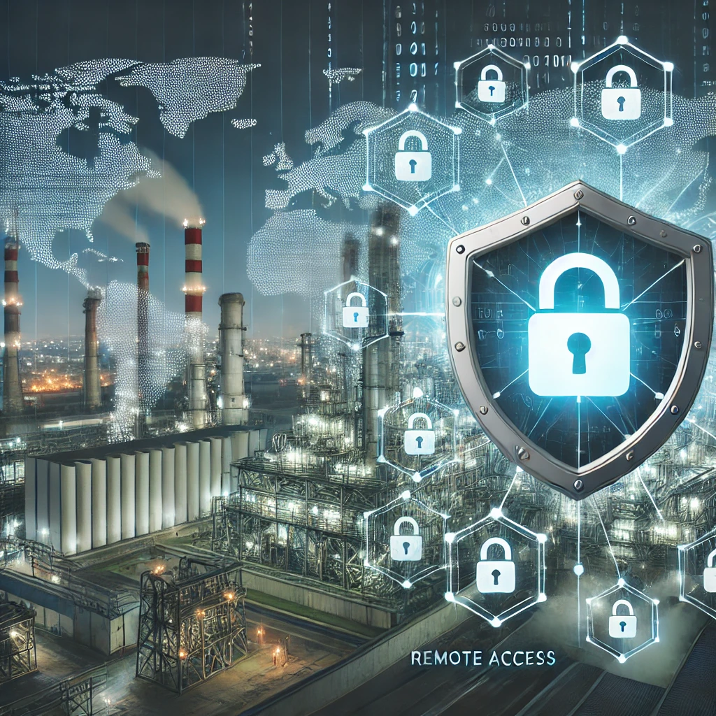 An industrial site surrounded by a glowing digital shield with cybersecurity symbols, highlighting the risks of remote access vulnerabilities in critical infrastructure.