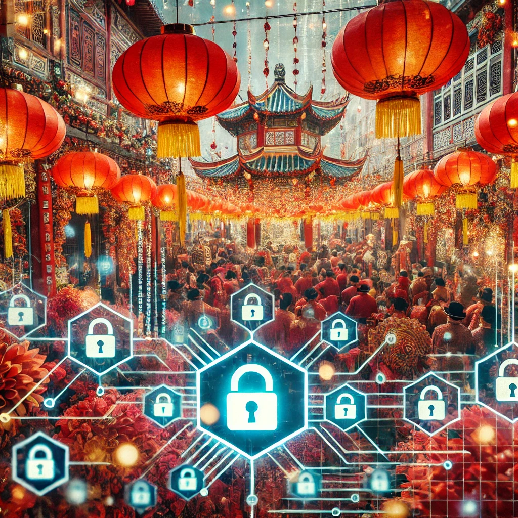 Festive Lunar New Year celebration with red lanterns and traditional decorations, overlaid with cybersecurity symbols like locks and networks, highlighting digital risks during holidays in APAC.