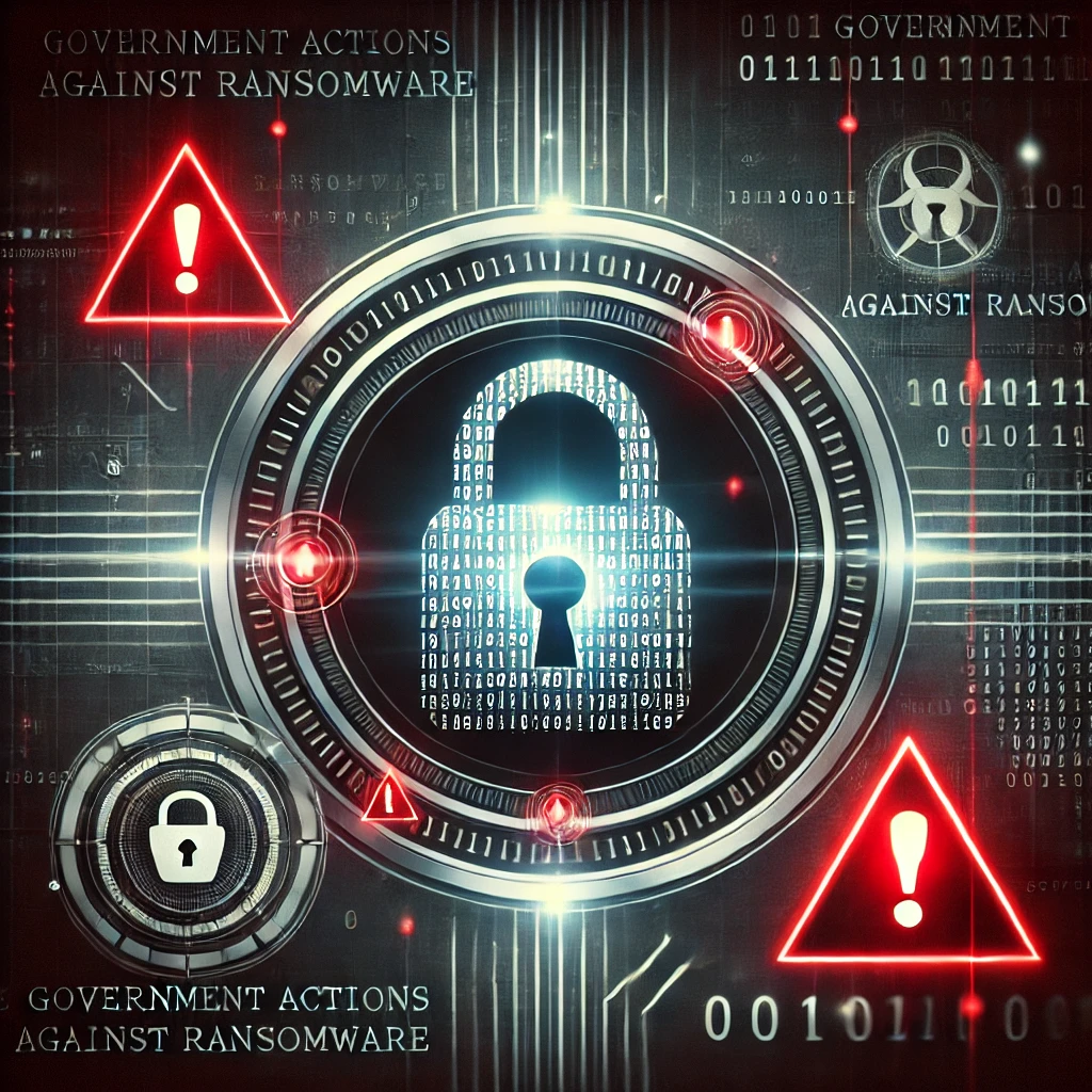 Digital illustration of a glowing lock symbol on a dark background with binary code, red warning triangles representing ransomware threats, and a subtle UK flag watermark, symbolizing cybersecurity measures and government actions against ransomware.