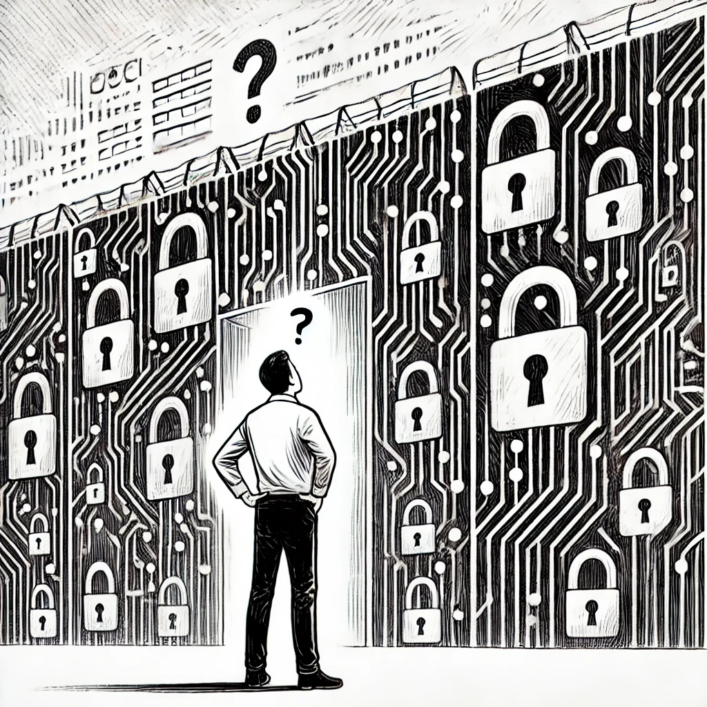 A black and white sketch-style illustration of a single person standing in front of a large, imposing wall. The person appears confused and hesitant, symbolizing the struggle to understand complex cybersecurity concepts. The wall is intricately designed with abstract, fortress-like patterns, representing digital security barriers. The overall composition conveys a sense of isolation and challenge in navigating cybersecurity.