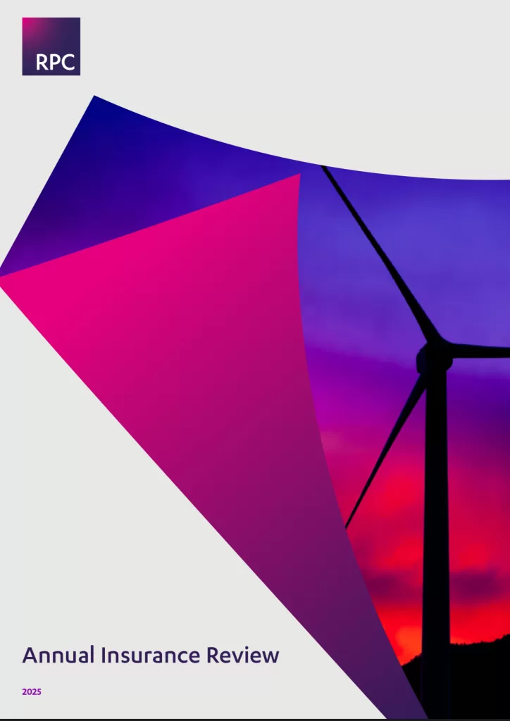 Cover of the "Annual Insurance Review 2025" report by RPC. The design features a wind turbine silhouette against a vibrant purple and pink sunset sky, with geometric magenta and navy blue accents. The RPC logo is displayed in the top-left corner.