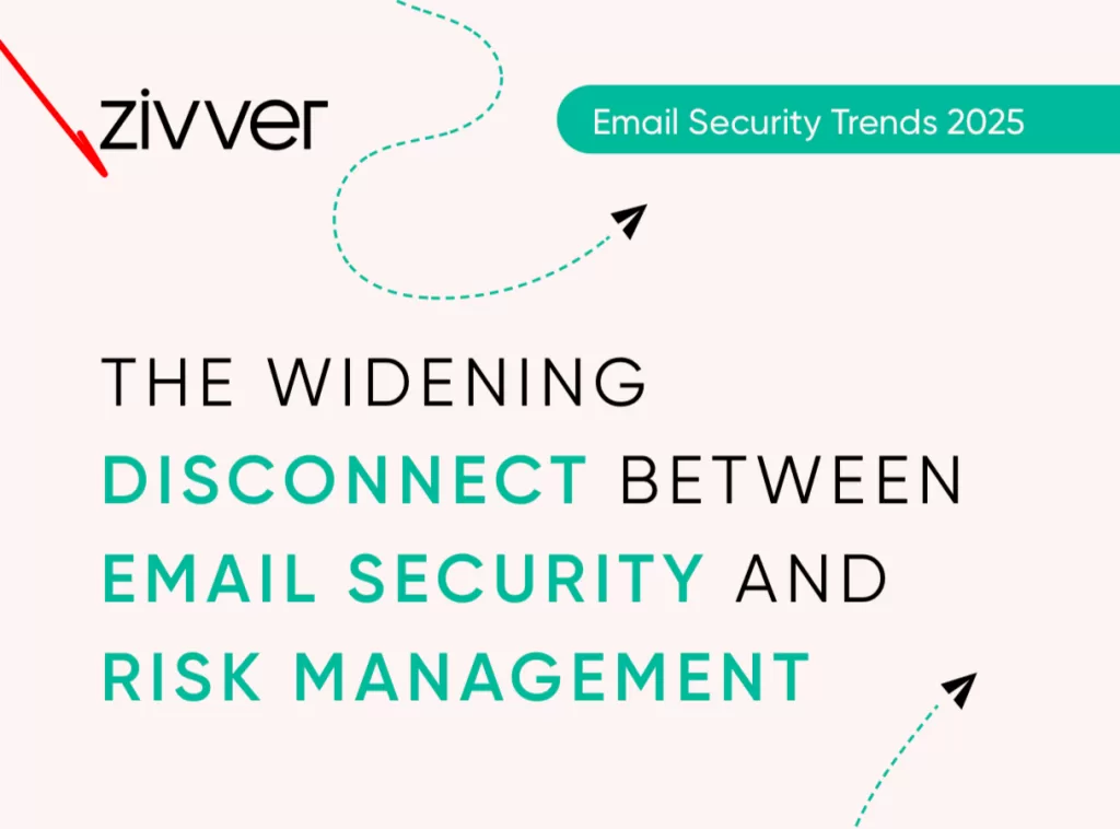 Zivver Email Security Trends 2025: The Widening Disconnect Between Email Security and Risk Management. A banner featuring a dotted arrow design and bold, modern typography.