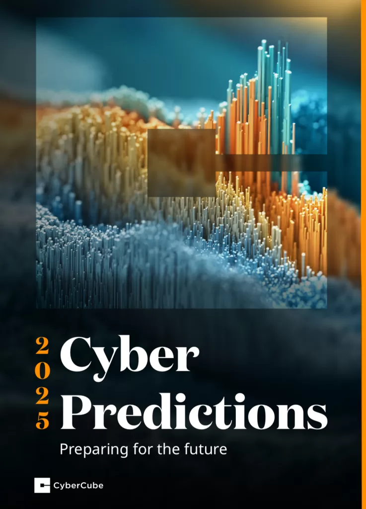 Cover of CyberCube's 2025 Predictions Report, featuring a colorful abstract representation of data visualizations in orange and blue hues, with the text '2025 Cyber Predictions: Preparing for the Future' and the CyberCube logo.