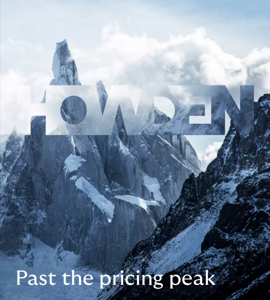 Image of the cover of Howden's 2025 report "Past the Pricing Peak." It depicts "HOWDEN" super imposed over a jagged series of mountain peaks. 