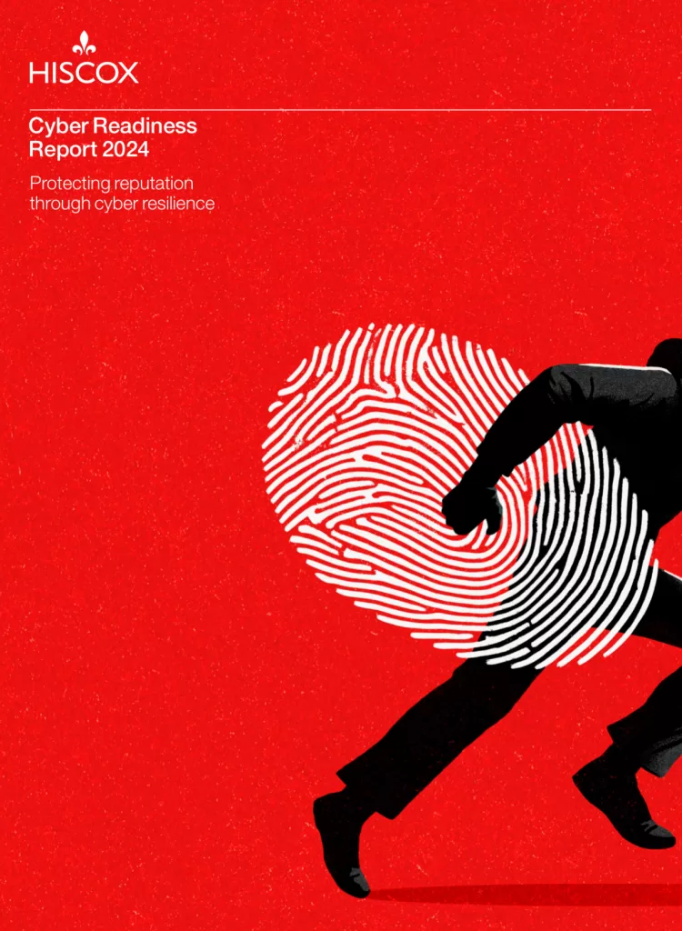 Cover image of the Hiscox Cyber Readiness Report 2024. The design features a bold red background with a large white fingerprint graphic, symbolizing digital identity and cybersecurity. A silhouette of a running figure is partially overlaid on the fingerprint, representing the themes of cyber resilience and protecting reputation. The text "Hiscox Cyber Readiness Report 2024: Protecting reputation through cyber resilience" is prominently displayed at the top.