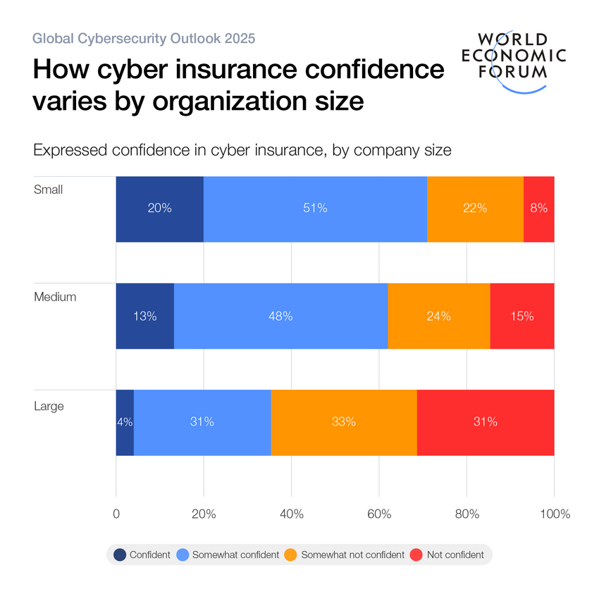 A bar chart from the Global Cybersecurity Outlook 2025 shows how confidence in cyber insurance varies by organization size. The chart includes three categories: small, medium, and large organizations. For small organizations, 20% are confident, 51% are somewhat confident, 22% are somewhat not confident, and 8% are not confident. For medium organizations, 13% are confident, 48% are somewhat confident, 24% are somewhat not confident, and 15% are not confident. For large organizations, 4% are confident, 31% are somewhat confident, 33% are somewhat not confident, and 31% are not confident.