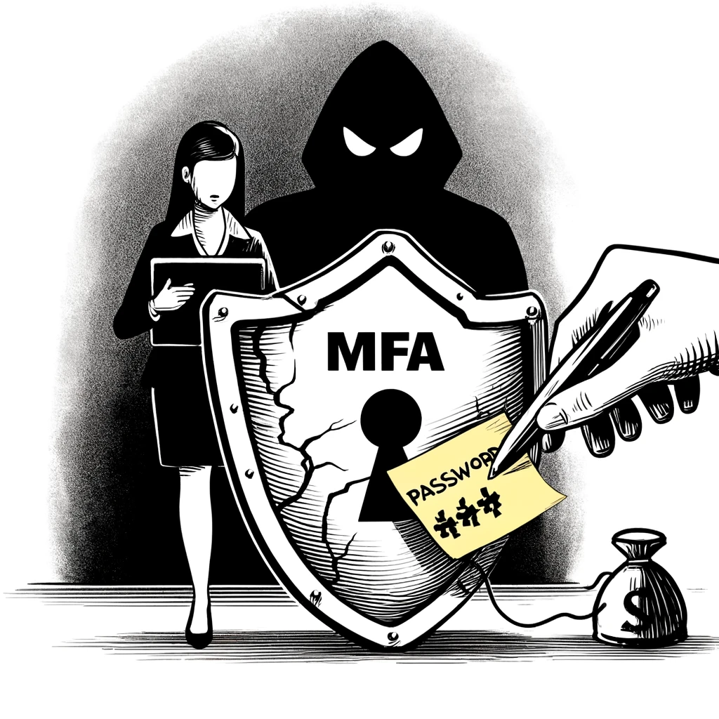 A black-and-white illustration depicting cybersecurity threats. A shield labeled "MFA" (Multi-Factor Authentication) is cracked, symbolizing an MFA security vulnerability. Behind it, a hooded figure with glowing eyes represents a hacker or cybercriminal. A hand writes a password on a sticky note, emphasizing weak security practices. A businesswoman holding a laptop looks concerned, and a small money bag with a dollar sign is connected to the scene, symbolizing financial risks associated with cyber threats.