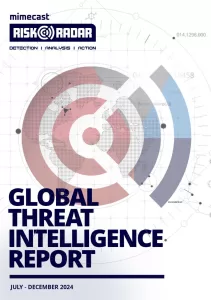 Cover page of the Mimecast Risk Radar Global Threat Intelligence Report for July – December 2024. The design features a radar-inspired graphic overlaying a world map, symbolizing cybersecurity threat detection, analysis, and action. The title is prominently displayed in bold, dark blue text, with the Mimecast Risk Radar logo positioned at the top.