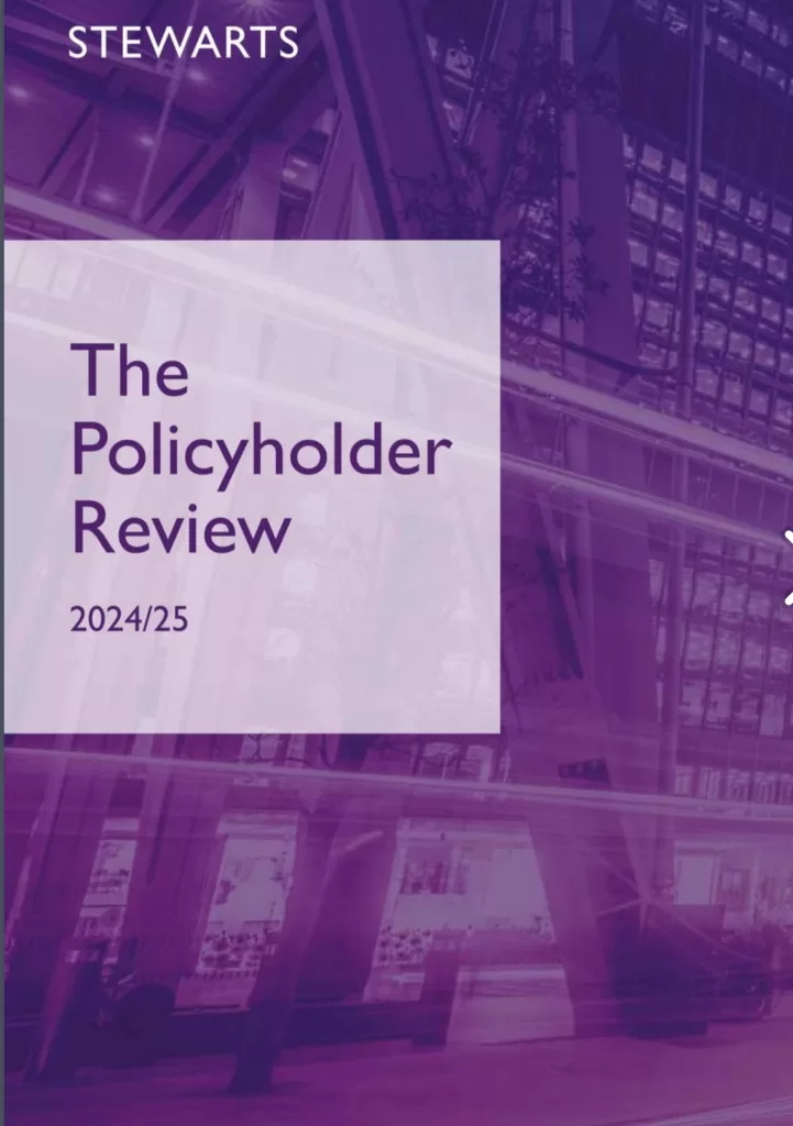 The image is the cover of a report titled The Policyholder Review 2024/25 by Stewarts. Part relates to cyber insurance and cyber risk. The background features a modern glass office building with a purple overlay, giving it a professional and sleek appearance. The text is placed in a semi-transparent box for readability.