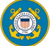 The image shows the official emblem of the United States Coast Guard. It features a circular blue background with a gold rope border. At the center, there is a white shield with red vertical stripes and a blue top section, symbolizing the U.S. national colors. Two crossed gold anchors are behind the shield. Surrounding the shield, the words "United States Coast Guard" are written in blue capital letters, along with the organization's motto, "Semper Paratus" (Always Ready), and the founding year, "1790."