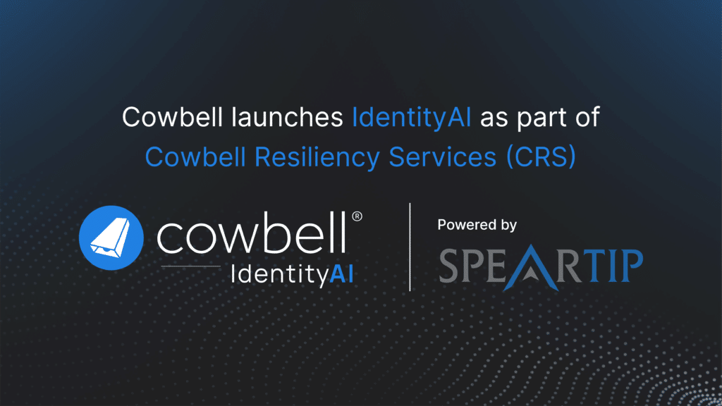 Cowbell launches IdentityAI as part of Cowbell Resiliency Services (CRS), powered by SpearTip. The image features the Cowbell and SpearTip logos on a dark blue background with a digital wave pattern. used in article about Cowbell IdentityAI