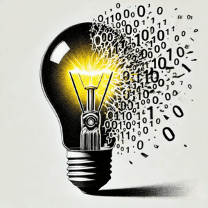 A digitally stylized illustration of a light bulb emitting a bright glow, with its upper half disintegrating into binary code (ones and zeros). This visual represents the concept of a sudden and unexpected cybersecurity vulnerability. Used in an article about a Zero-Day Cyber Attack and cyber warfare, it symbolizes the rapid exploitation of unknown security flaws and the spread of digital threats.