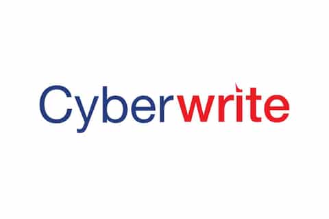 Cyberwrite logo with the word "Cyber" in blue and "write" in red, symbolizing the company's focus on cyber insurance and digital risk assessment.