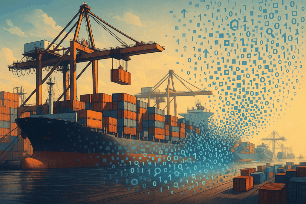 Digital illustration of a busy port where cargo ships and containers dissolve into binary code, symbolizing supply chain cybersecurity vulnerabilities and digital transformation risks.