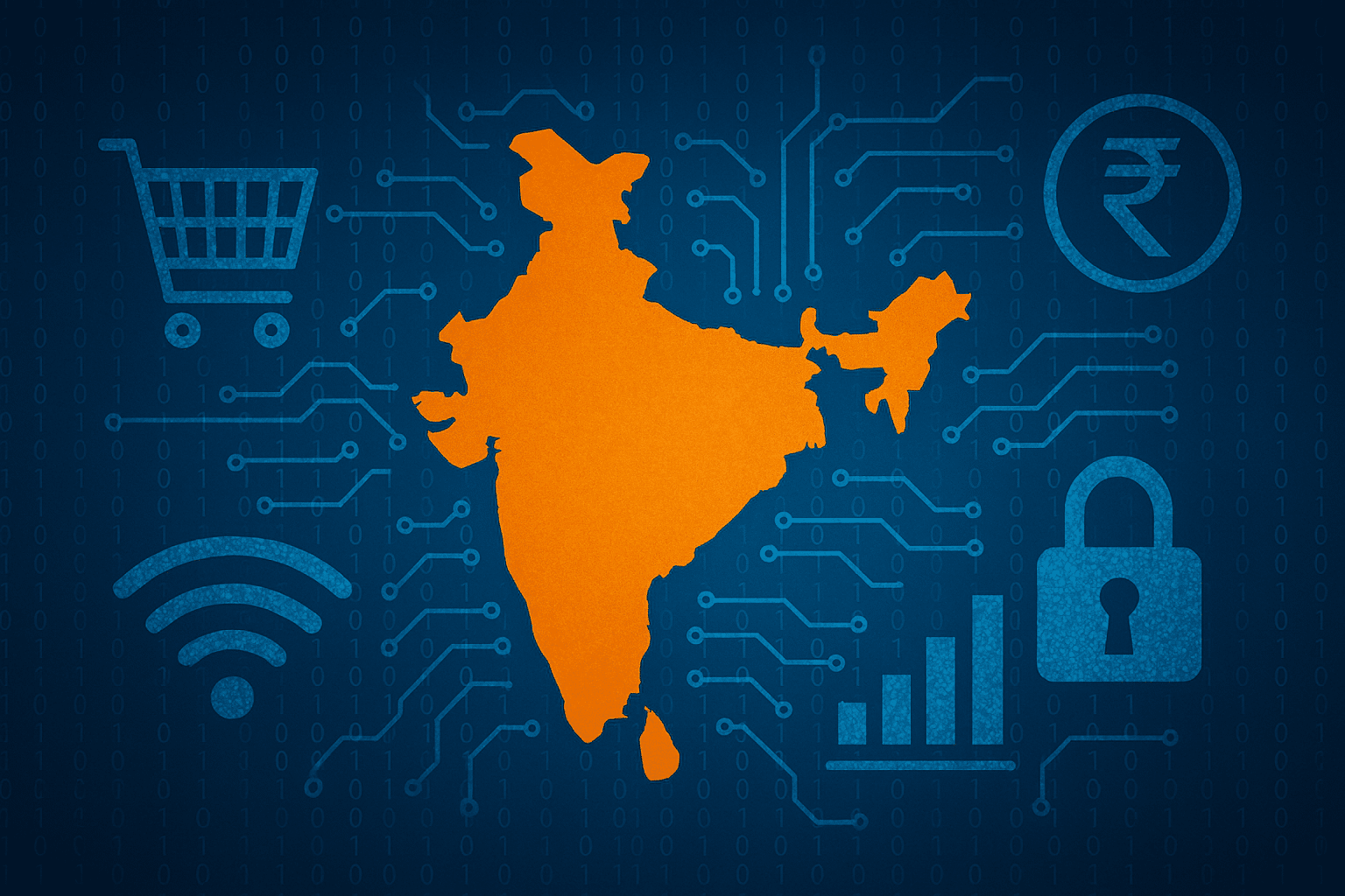 A digital illustration of India’s map surrounded by cybersecurity and digital economy icons, representing India cybersecurity and India cyber insurance growth amid rising online threats.