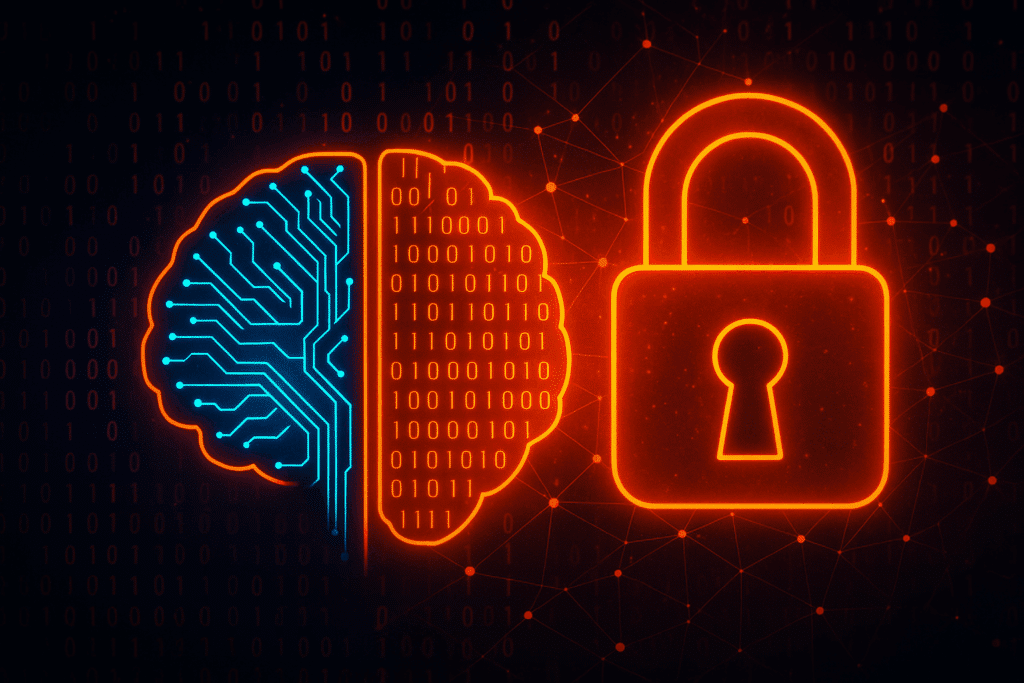 Abstract digital illustration of artificial intelligence (AI) and cybersecurity featuring a neural brain and secure padlock with binary code, symbolizing AI technology and data protection.