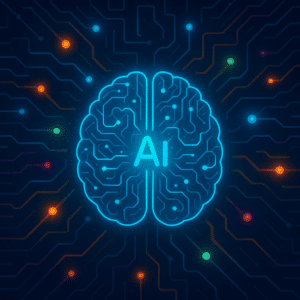 Futuristic neon illustration of a digital brain with circuit patterns, symbolizing GenAI intelligence and advanced data cybersecurity.
