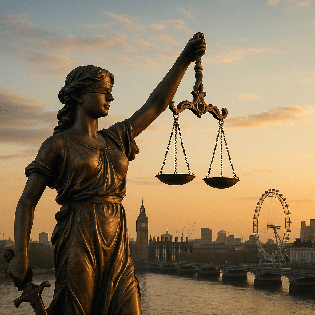 Statue of Lady Justice holding scales and sword, silhouetted against the London skyline at sunset, used to symbolize courts ruling in data breach liability and legal accountability case involving insurance policies like cyber insurance.