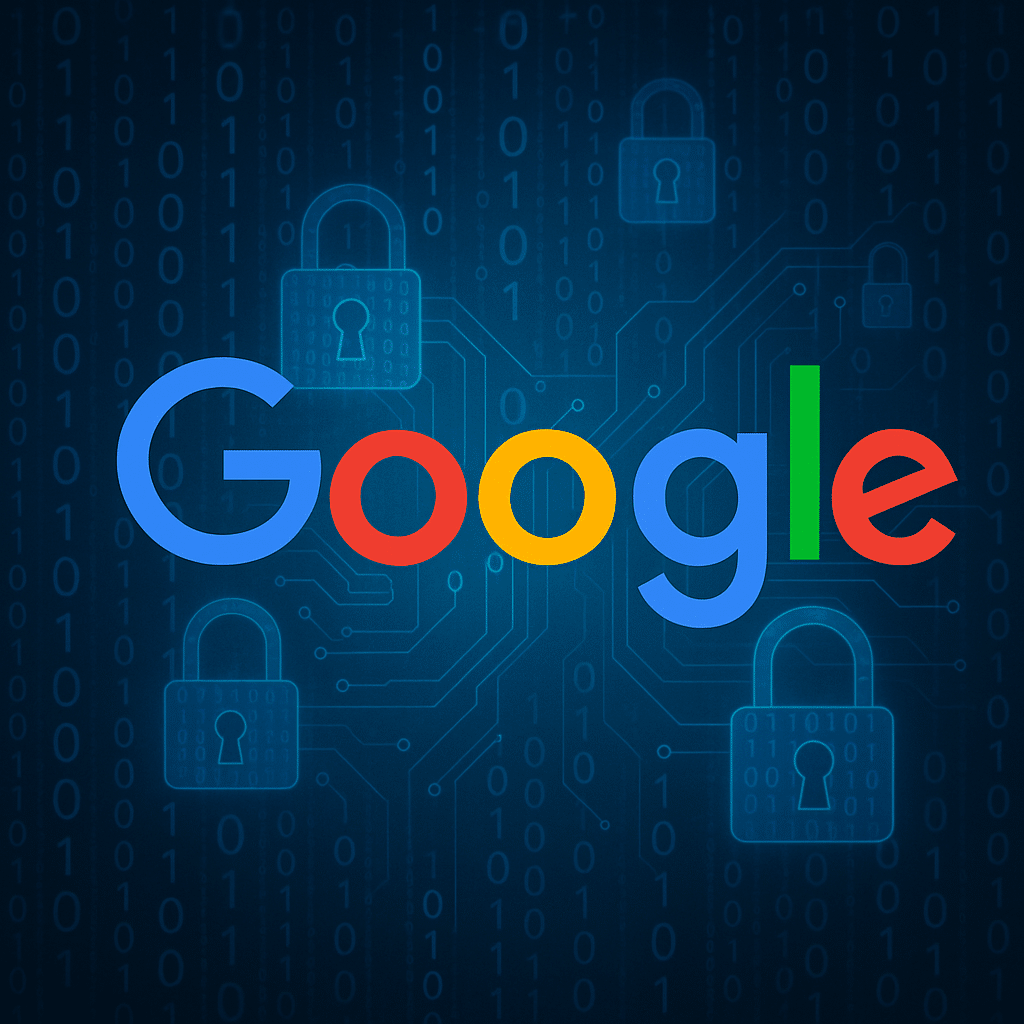A digital illustration features the Google logo surrounded by cybersecurity symbols like padlocks, binary code, and circuit patterns, highlighting Google Cloud Cyber Insurance.