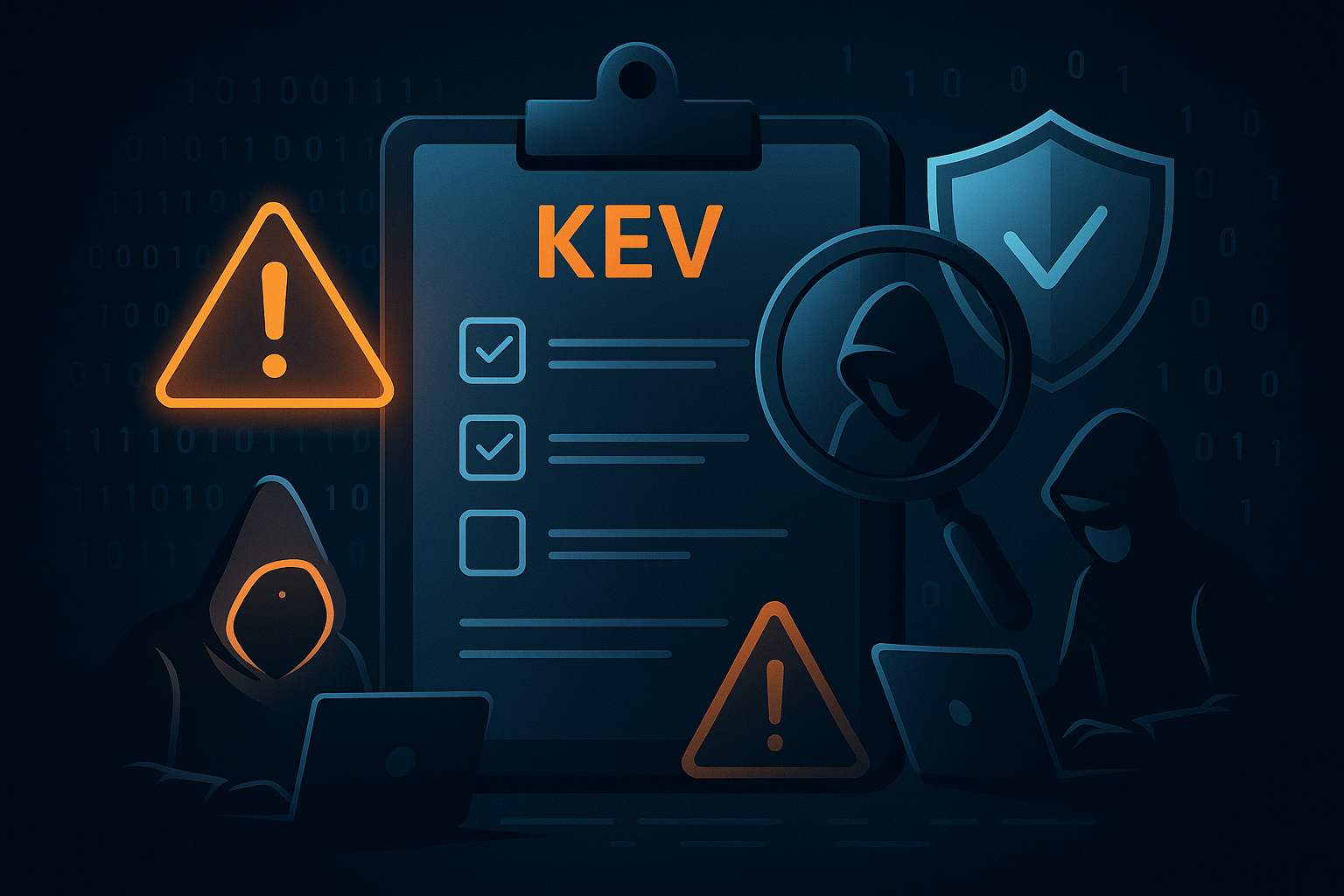 A 2D digital illustration visualizes critical vulnerabilities in cybersecurity, featuring a KEV checklist, warning signs, shield icons, and hooded hackers. The image highlights the risks associated with misinterpreting CISA's KEV list in cloud security environments and emphasizes the need for accurate threat prioritization and exploit context in handling cybersecurity threats.