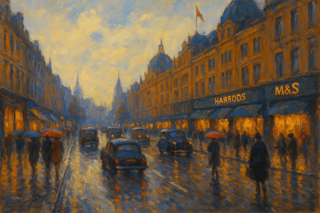 Impressionist painting style image of a London shopping street featuring Harrods and M&S storefronts at dusk, illustrating UK cyber threat issues UK retialers are facing as noted in the UK's 2025 Cyber Security Breaches Survey.
