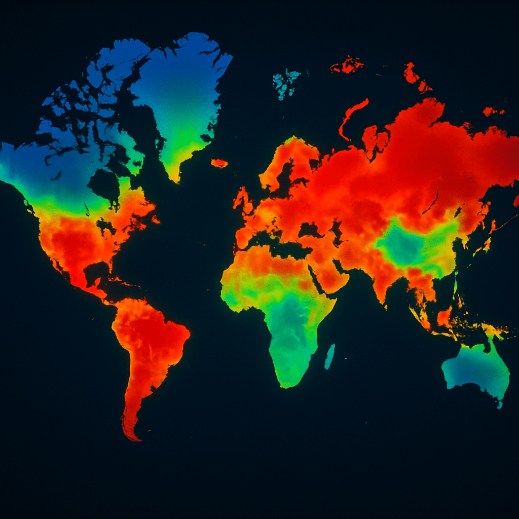 Global cybersecurity heat map showing threat intensity across continents, visually representing data from the cybersecurity report using color gradients.