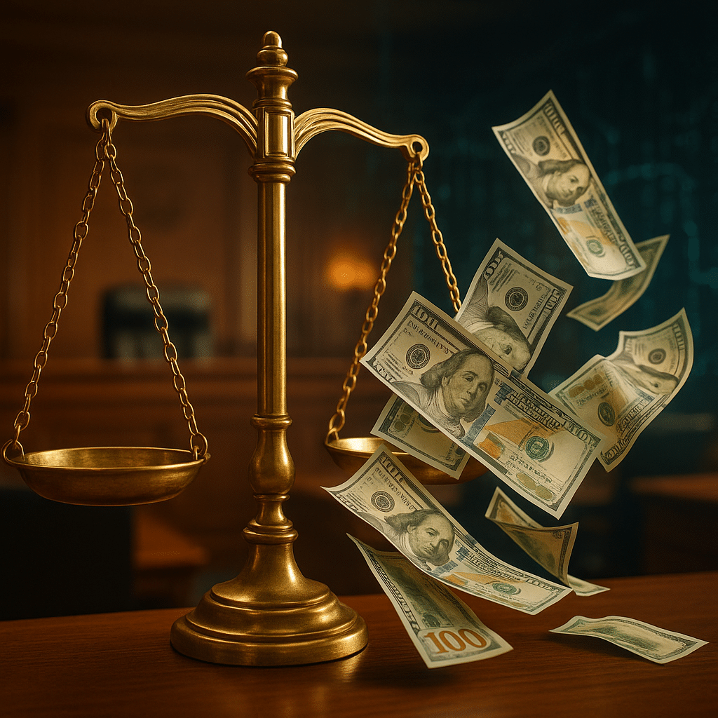 A golden balance scale in a courtroom with U.S. dollar bills visually escaping one pan, symbolizing financial loss and cybersecurity risks in legal settings.