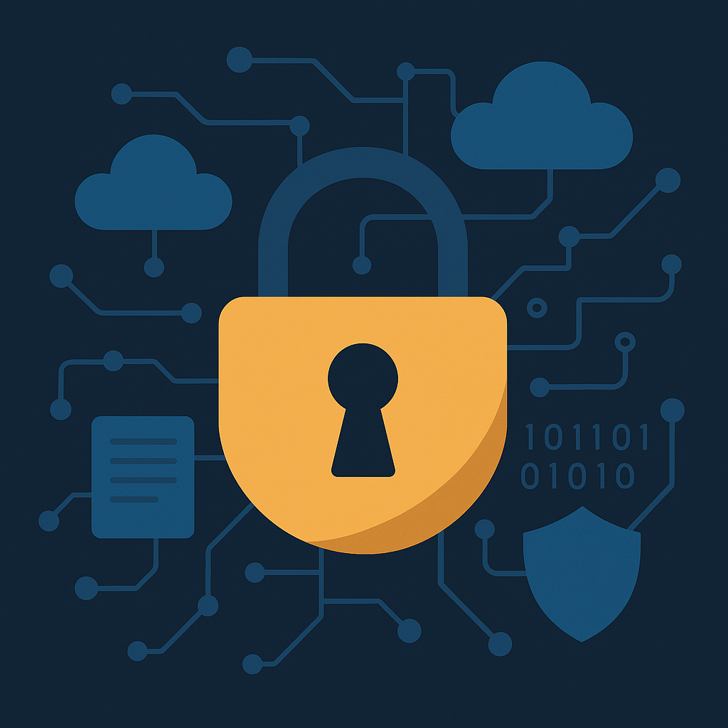 Illustration representing cyber insurance compliance through a secure padlock, cloud icons, and digital network symbols.