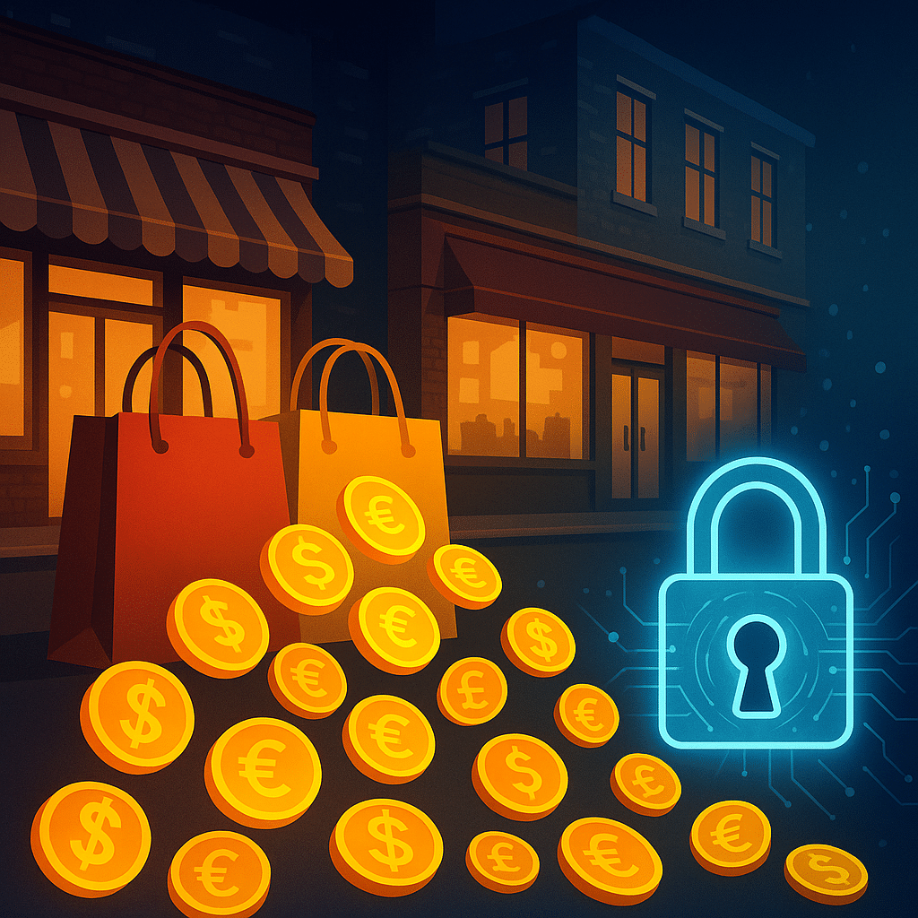 A digital illustration of cyber threats to brick-and-mortar retail stores, showing shopping bags outside storefronts spilling mixed currency coins (dollar, euro, pound) toward a digital padlock, symbolizing financial loss from cyberattacks like the Harrods hack.