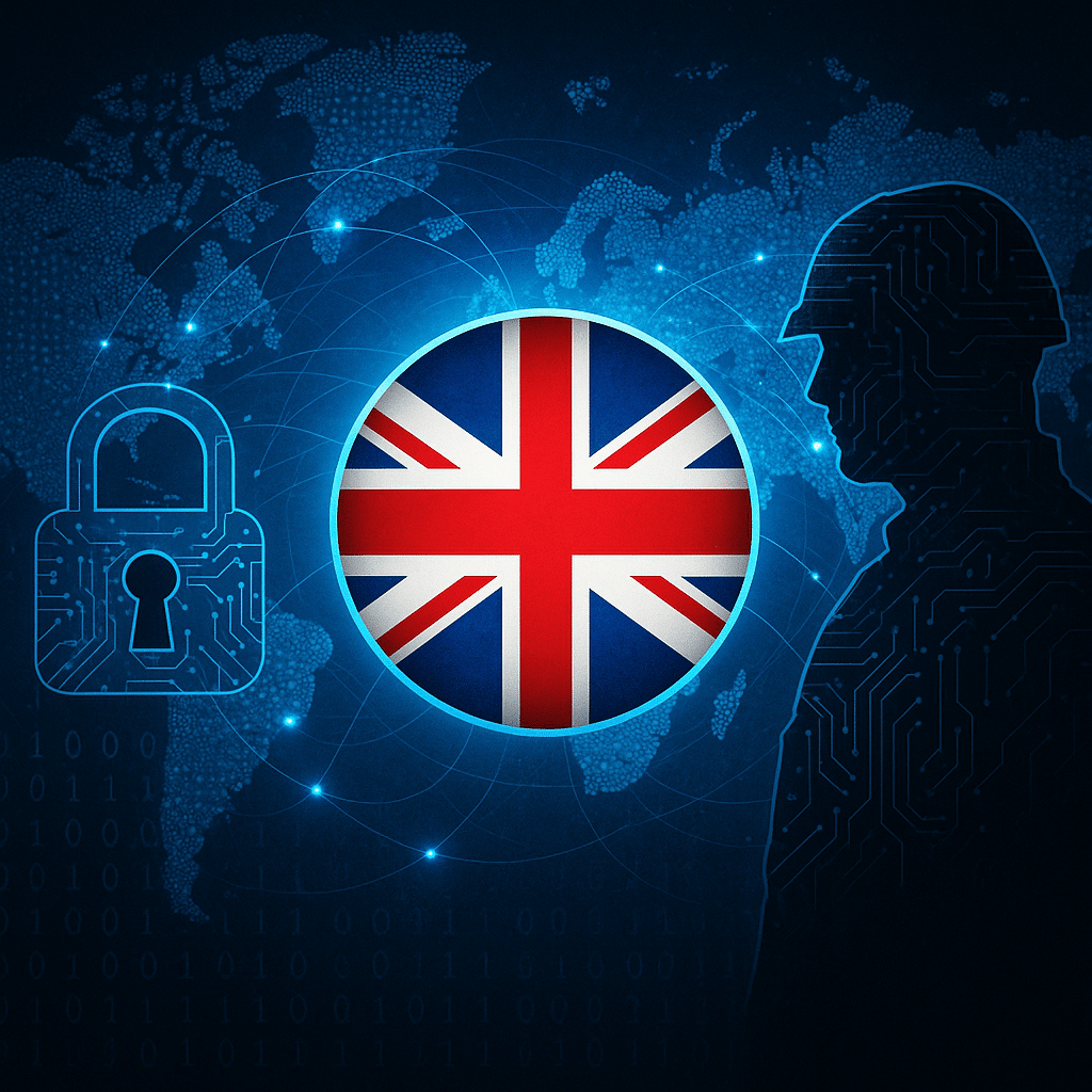 Digital illustration of the Harrods hack and the one against Marks & Spencer and UK cyber defense, showing the UK flag at the center of a global cybersecurity network with a padlock and soldier silhouette, symbolizing the nation's role in AI-driven cyber resilience.