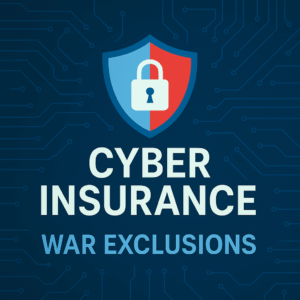 2D digital graphic representing cyber insurance war exclusions, featuring a secure shield and circuit board background.