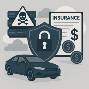 A flat-style digital illustration representing cyber insurance settlements, featuring a car in the foreground, a shield with a padlock symbolizing cybersecurity, a server unit with a ransomware warning symbol, and an insurance document with currency icons in the background.