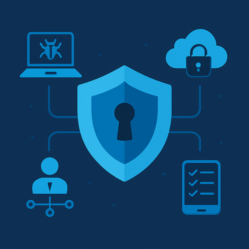 Cybersecurity readiness concept with shield icon, identity management, cloud security, and threat detection symbols in AI-driven network