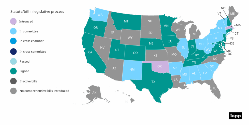 Map of the United States showing the legislative status of data privacy laws by state, illustrating the evolving regulatory landscape impacting the US cyber insurance market.
